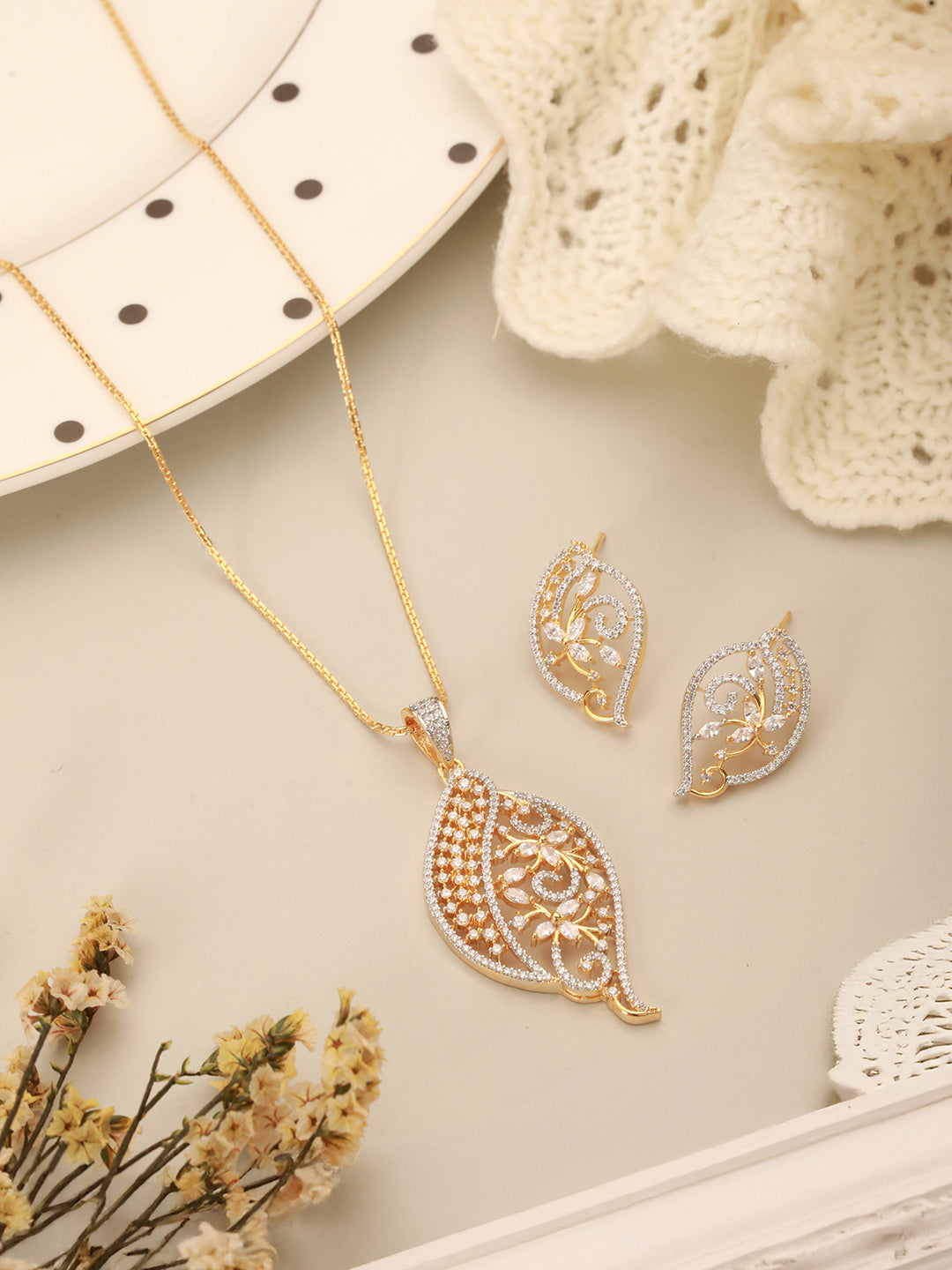Gold Toned AD Zircon Studded Designer Floral Pendant Necklace Jewellery Set